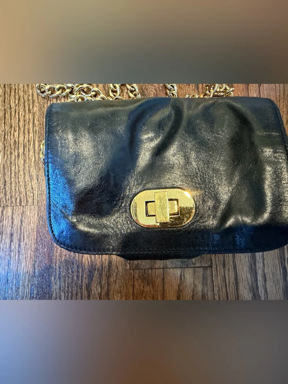 Black Leather Crossbody Bag with Gold Chain